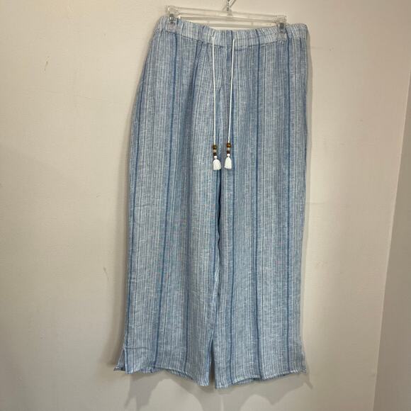 Sigrid Olsen 100% Linen Striped Tassel Pants Large Coastal Resort Beach Boho Fit - Picture 1 of 8